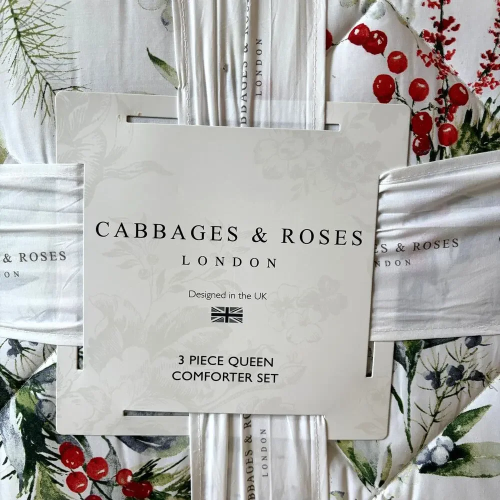 3pc Cabbages & Roses Christmas Foliage Fir Ruby QUEEN Comforter Set NEW